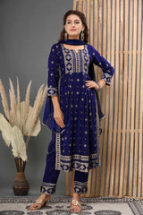 Delightful Foil Print Navy Blue Color Salwar Suit