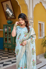 Blue Color Lovely Embroidered Work Saree