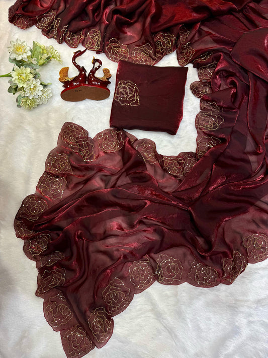 Wedding & Party Wear Beautiful Katdana Handwork Maroon Color saree