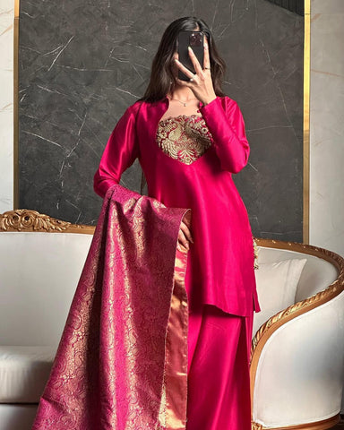 Exclusive Pink Satin Silk Embroidery Work Farshi Salwar Suit