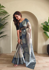 Wonderful Grey Color Flower Print Silk Saree