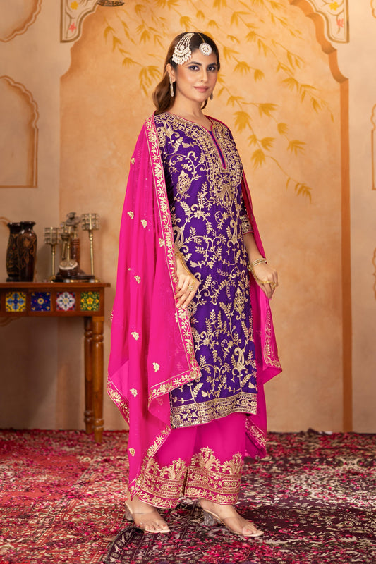 Classic Heavy Work Purple Color Palazzo Suit