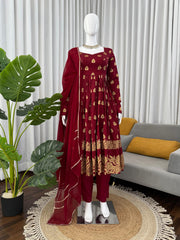 Attractive Maroon Jacquard Weaving Anarkali Suit