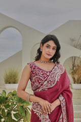 Stylish Pink Silver Crunchi Thread Work Saree