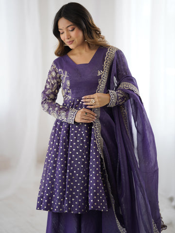 Stylish Purple Crunchy Silk Sequence Work Sharara Suit