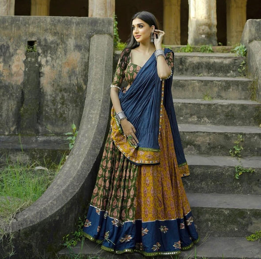 Lovely Blue Color Mirror Work Lehenga Choli