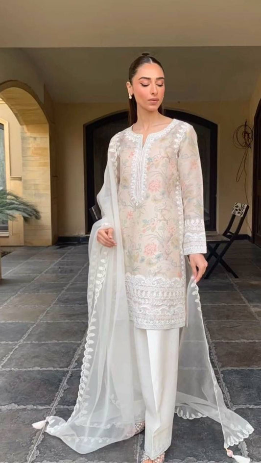 Stunning Organza Silk White Color Salwar Suit