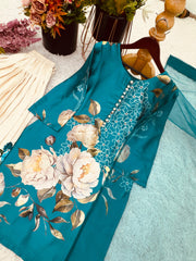 Flower Print Teal Blue Color Palazzo Suit