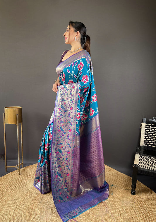 Gorgeous Silk Patola Weaving Sky Blue Color Saree