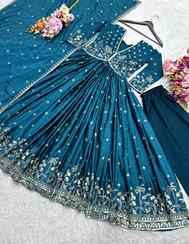 Lovely Teal Green Dola Silk Embroidery Work Gown