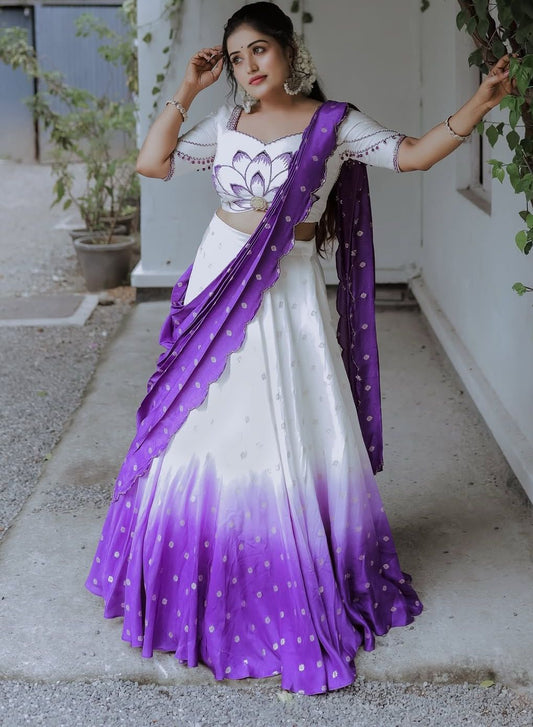 Beautiful Digital Print White & Purple Color Lehenga Choli