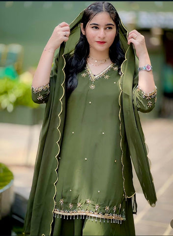 Captivating Green Color Embroidered Sharara Suit