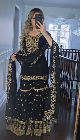 Occasion Wear Black Colour Embroidery Work Sharara Suit
