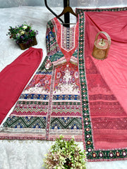Attractive Chinon Silk Printed Mirror Work Palazzo Suit