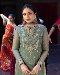 Fantastic Green Color Embroidery Work Top with Palazzo Suit