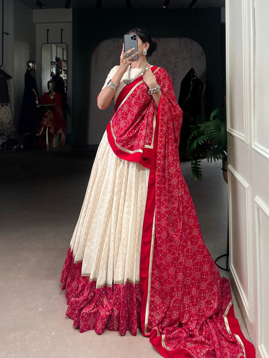 Gorgeous Red Cotton Bandhej Work Lehenga Choli