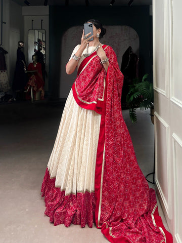Gorgeous Red Cotton Bandhej Work Lehenga Choli