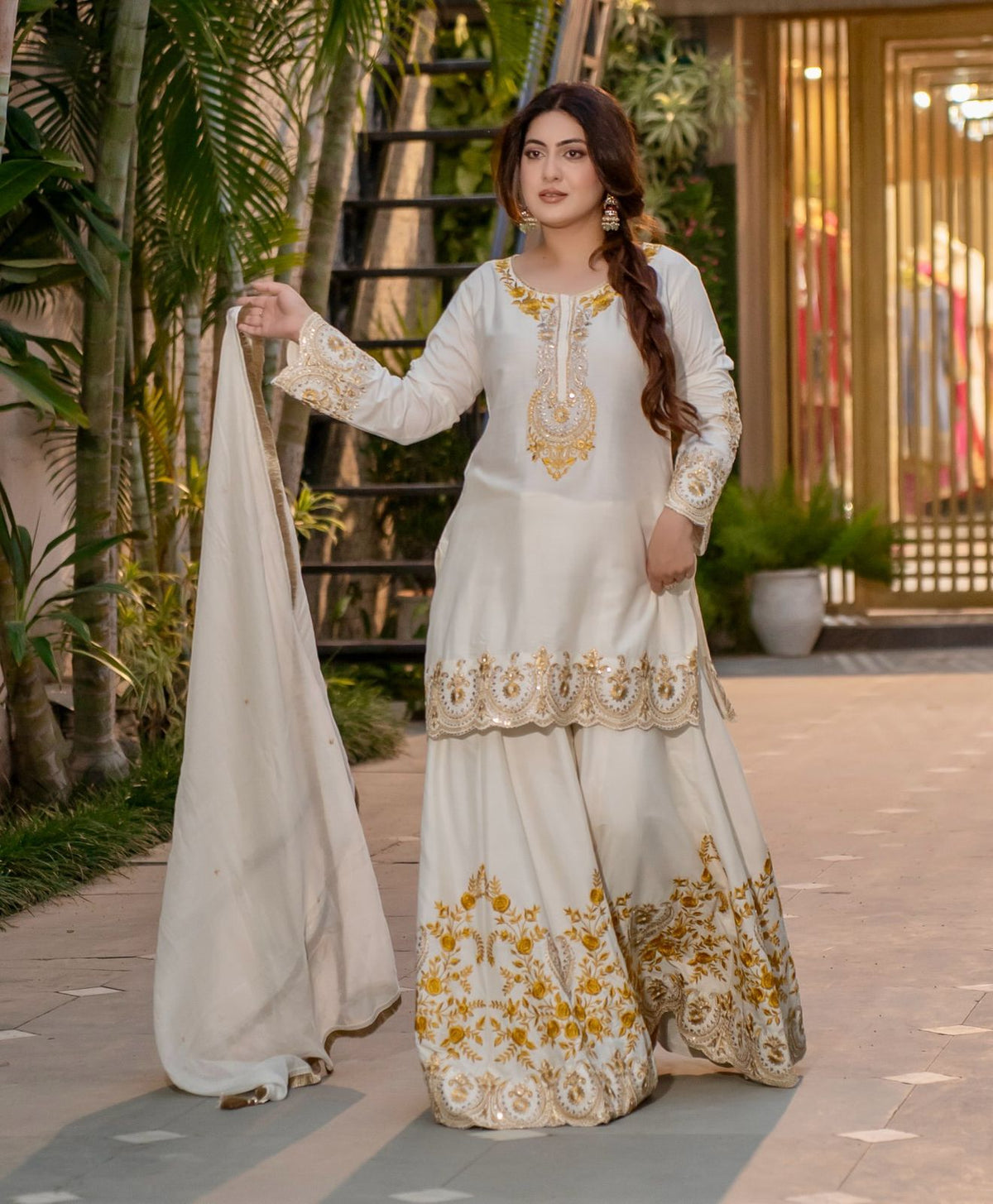 Function Wear Heavy Work White Color Sharara Suit