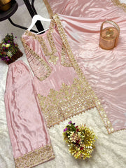 Innovative Pink Chinon Silk Sequence Work Palazzo Suit