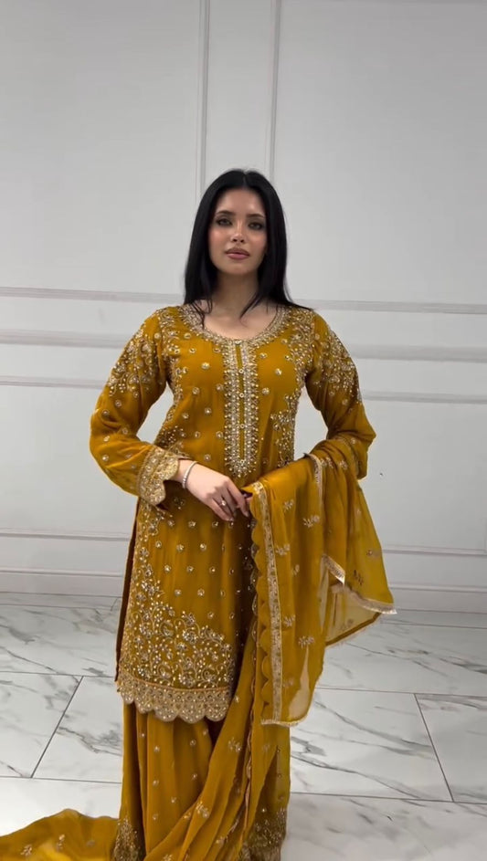 Exclusive Yellow Georgette Sequence Work Sharara Suit