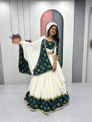 Navratri Wear White Rayon Cotton Ajrakh Print Lehenga Choli
