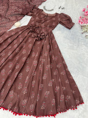 Peaceful Printed Cotton Brown Color Gown