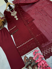 Fantastic Embroidery Sequence Work Maroon Color Plazzo Suit