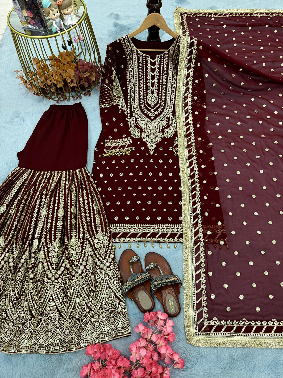 Designer Maroon Georgette Sequence Work Sharara Suit