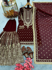 Designer Maroon Georgette Sequence Work Sharara Suit