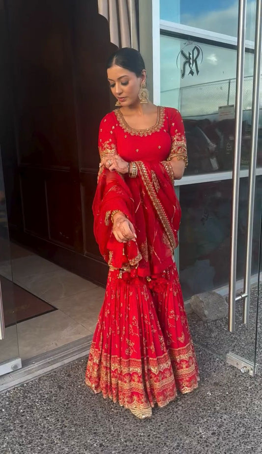 Decent Red Color Embroidery Work Sharara Suit