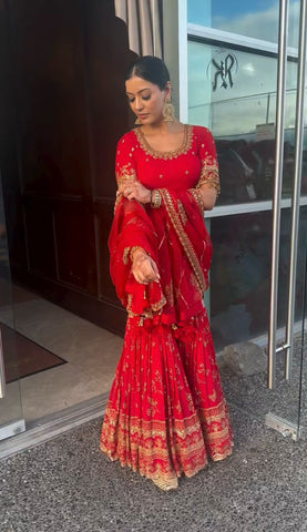 Decent Red Color Embroidery Work Sharara Suit