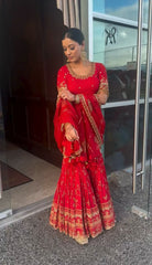 Decent Red Color Embroidery Work Sharara Suit