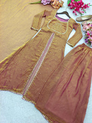 Alluring Brown Fendi Silk Work Sharara Suit