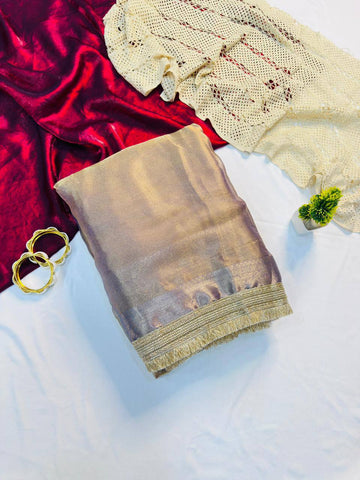 Peach Soft Tissue Silk with Fancy Lace Border Saree