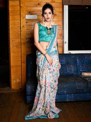 Delightful Embroidery Work Multi Color Floral Print Designer Saree