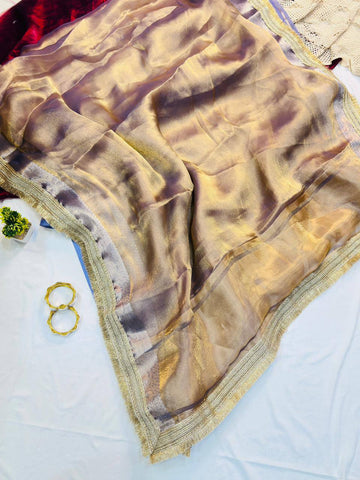 Peach Soft Tissue Silk with Fancy Lace Border Saree