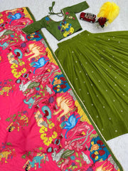 Lovely Kalamkari Print Real Handwork Green Color lehenga choli