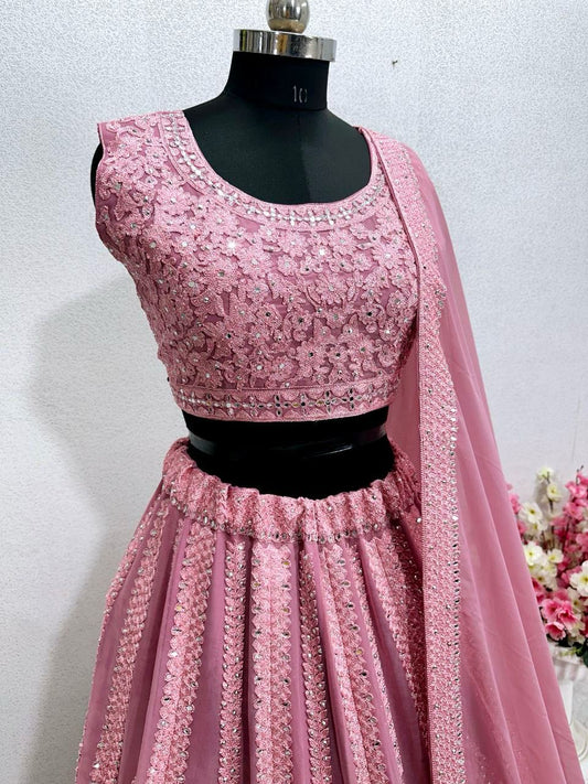 Designer Georgette Embroidered Work Pink Color Lehenga Choli