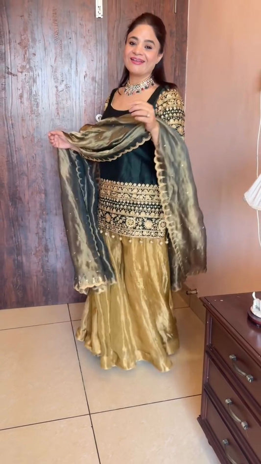 Exclusive Green Roman Silk Sequence Embroidery Sharara Suit