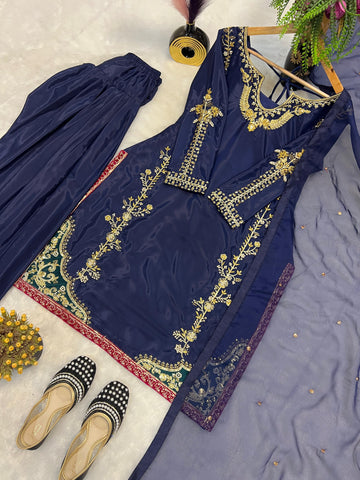 Navy Blue Color Fully Stitched Farshi Salwar Suit