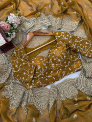 Glorious Gold Chiffon Thread Work Saree