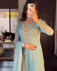 Sky Blue Color Embroidery Work Sharara Suit