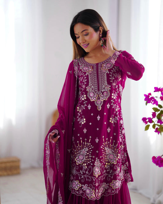 Fantastic Georgette Wine Color Sharara Suit