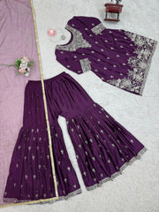 Delightful Wine Color Sequence Work Sharara Suit