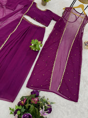 Lovely Purple Georgette Embroidery Koti With Lehenga Set