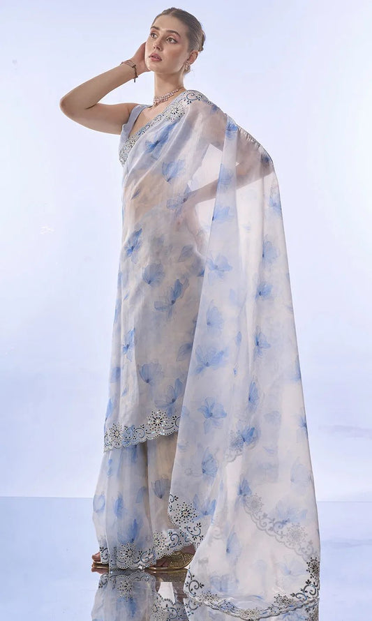 Party Wear Sky Blue Printed Silk Saree