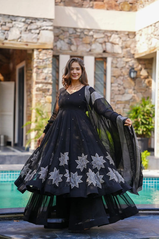 Wonderful Black Georgette Handpainted Anarkali Suit