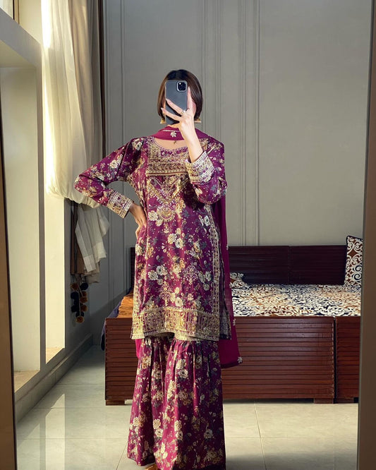 Stylish Wine Chinon Silk Embroidery Sharara Suit