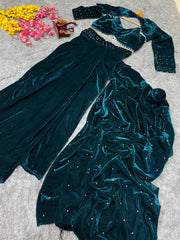 Delightful Viscous Velvet Teal Blue Color Skirt With Blouse