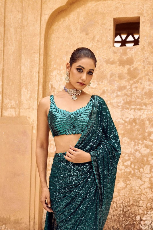 Fantastic Sequence Work Teal Blue Color Designer Saree